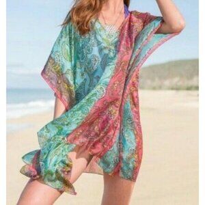 Sundance Women's Sz One Size 100% Silk Paisley Kaftan Tunic V-Neck Multicolor